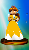 Confronto tra il trofeo di Daisy (sinistra) e il trofeo di Peach nella colorazione alternativa ispirata a Daisy (destra) in Super Smash Bros. Melee